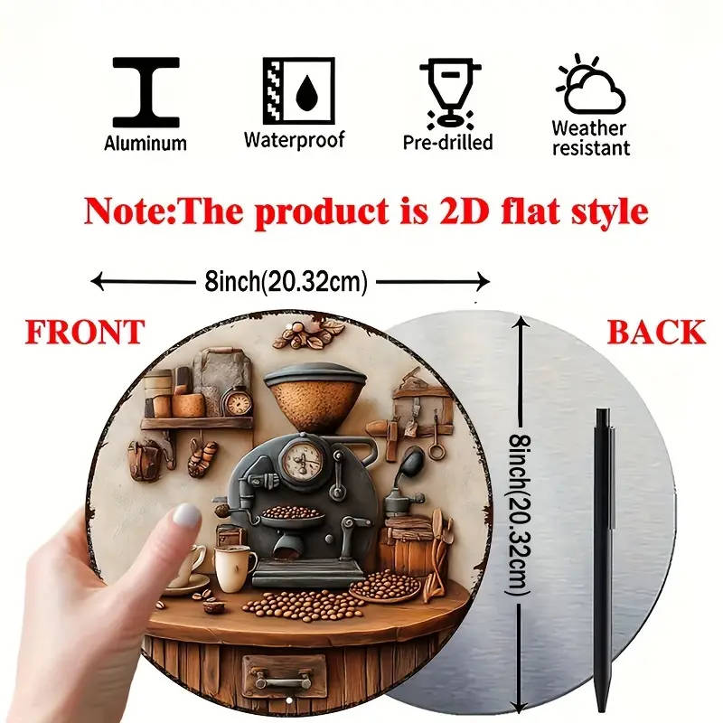 1pc 20x20cm 2D Round Aluminum Metal Sign Coffee Beans and Machine Decorations Metal Signs For Office