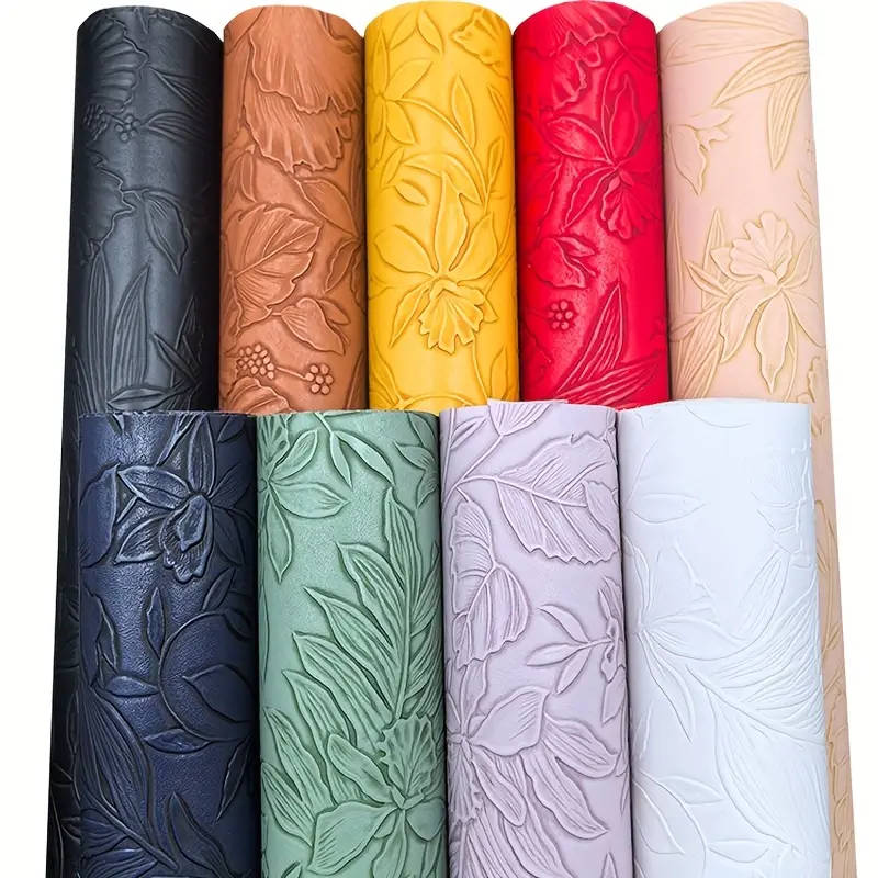 1 11.75 x 53.5 inch Leaf and Flower Embossed Faux Leather Fabric Roll Purple