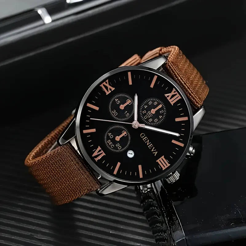 Men's Casual Simple Calendar Watch & Bracelet Set - 4pcs