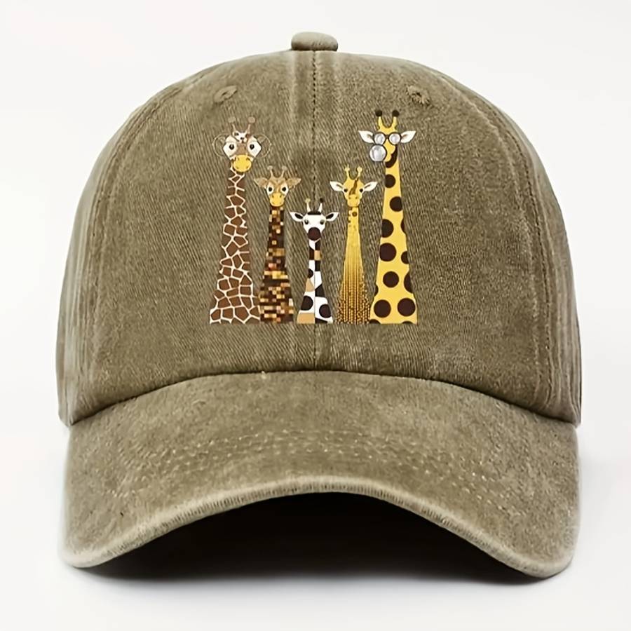 Unisex Cotton Baseball Cap With Cartoon Giraffe Print Adjustable Washed Sun Hat Lightweig