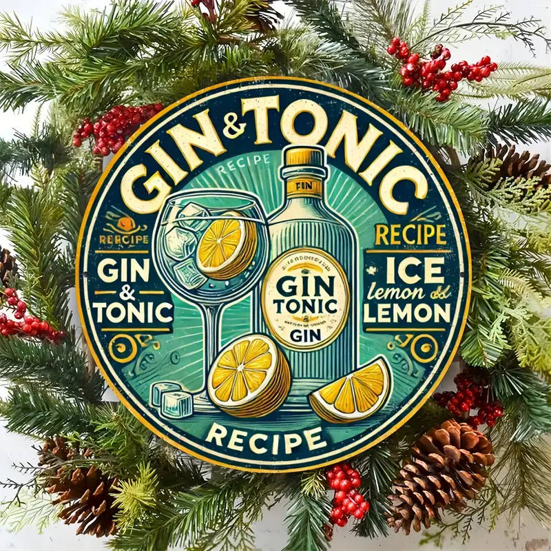 1pc Vintage Cheers Gin Tonic 20.32x20.32cm Round Metal Sign Durable Aluminum Wall Art with Vibrant G