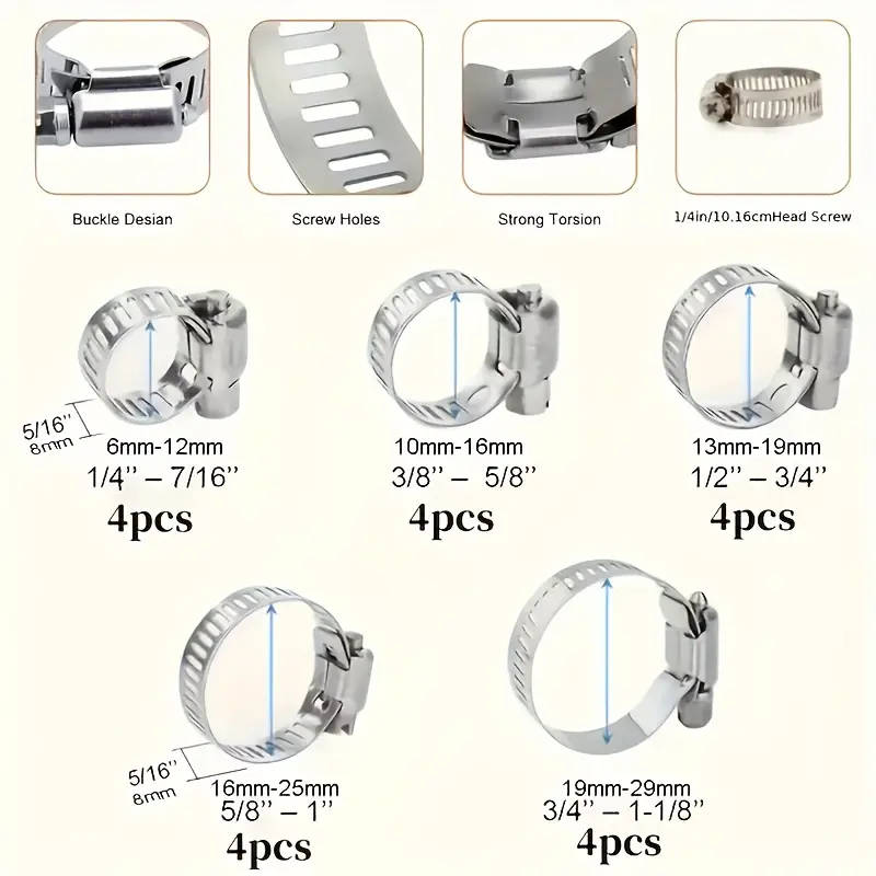 20pcs Premium Stainless Steel Hose Clamp Set  Adjustable Worm Gear for Pipes Intercoolers