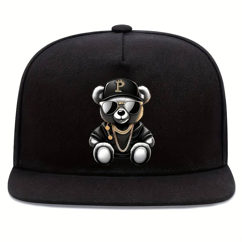 1pc Hip Hop Bear Print Flat Brim Cap Unisex Adjustable Street Style Baseball Hat 100% Polyest