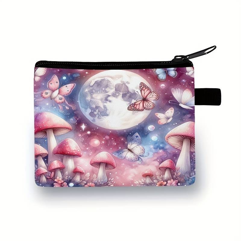 1pc Whimsical Moonlit Forest Pouch Lightweight Polyester Organizer with Mushrooms Butterflies