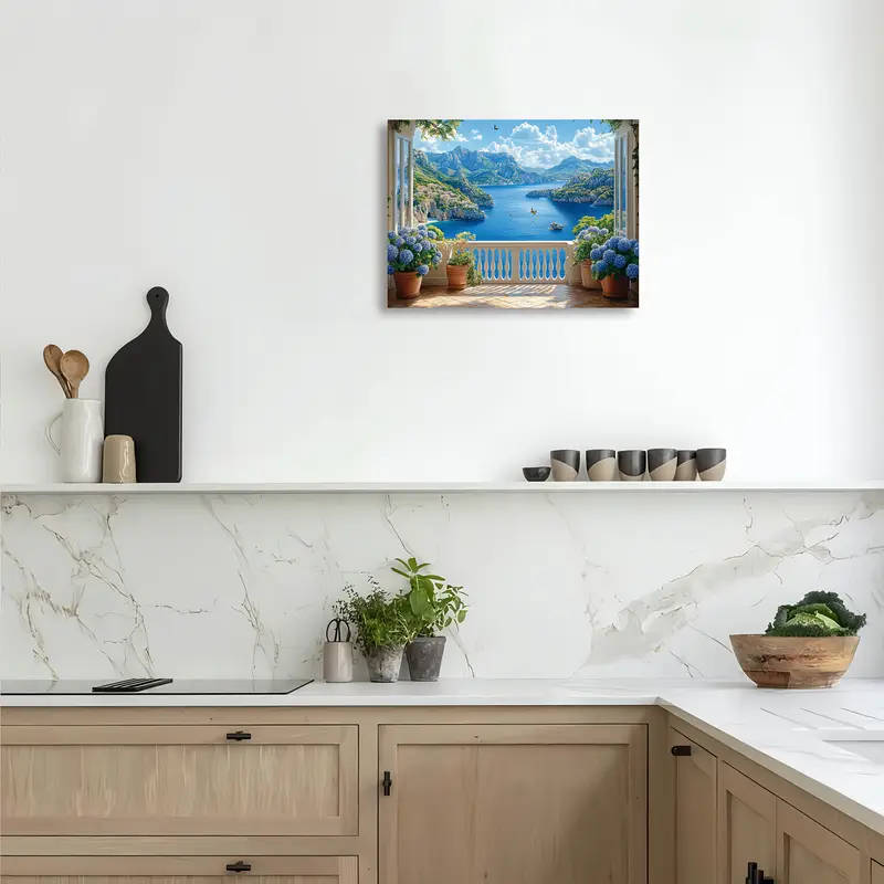 1pc Coastal Balcony Seascape Canvas Wall Art Woven Wooden Framed Print 29.97x39.88 cm Ideal for Livi