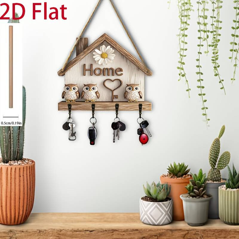 Charming Owl House Key Holder with 4 Metal Hooks Rustic Wooden Wall Decor for Home Porch or Vill