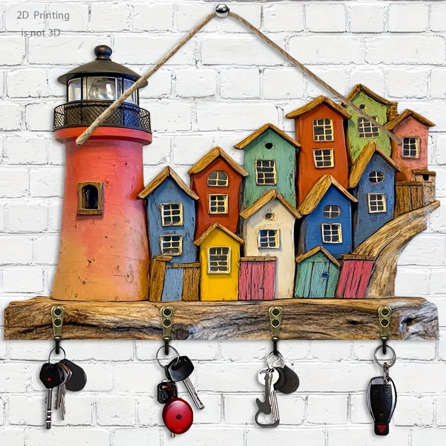 2D Flat 2D flat 1pc seaside cottage and lighthousewooden multi-function home key hanger (29.97c