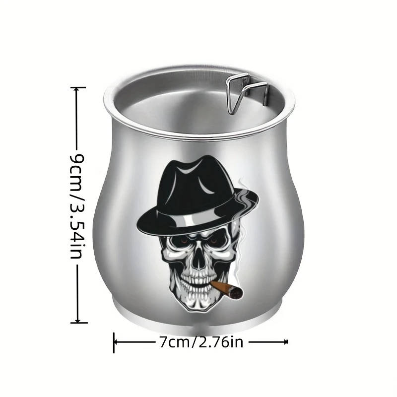 1pc Stainless Steel Ashtray with Lid Skull Pattern Windproof Anti-Fly Ash Creative Funnel Design
