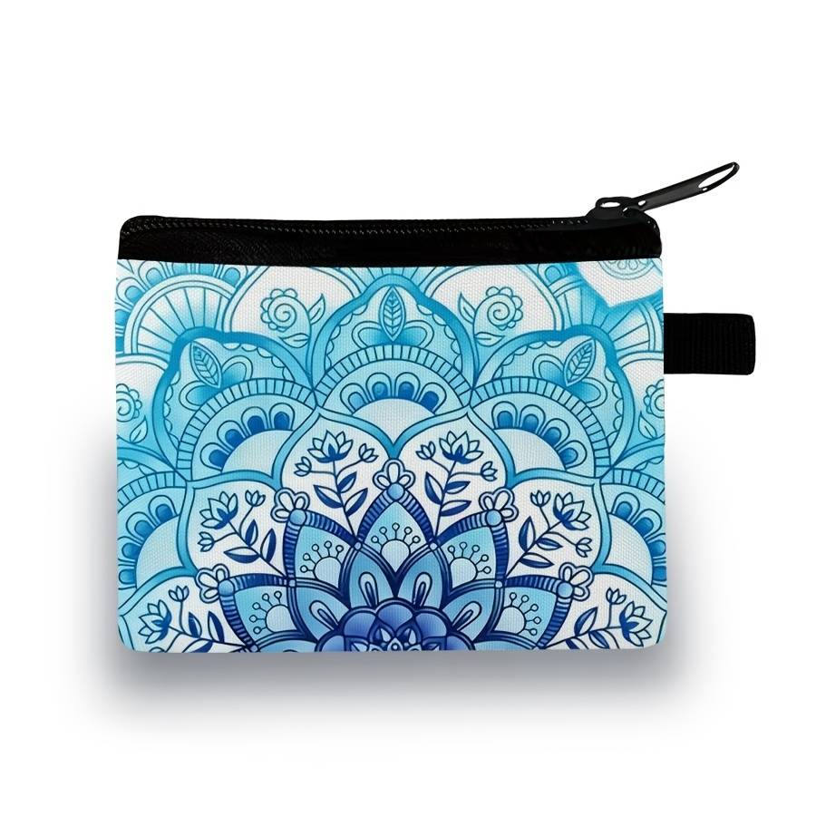 1pc Stylish Mandala Print Zipper Pouch Lightweight Durable Polyester Coin Purse with Vibrant Flor
