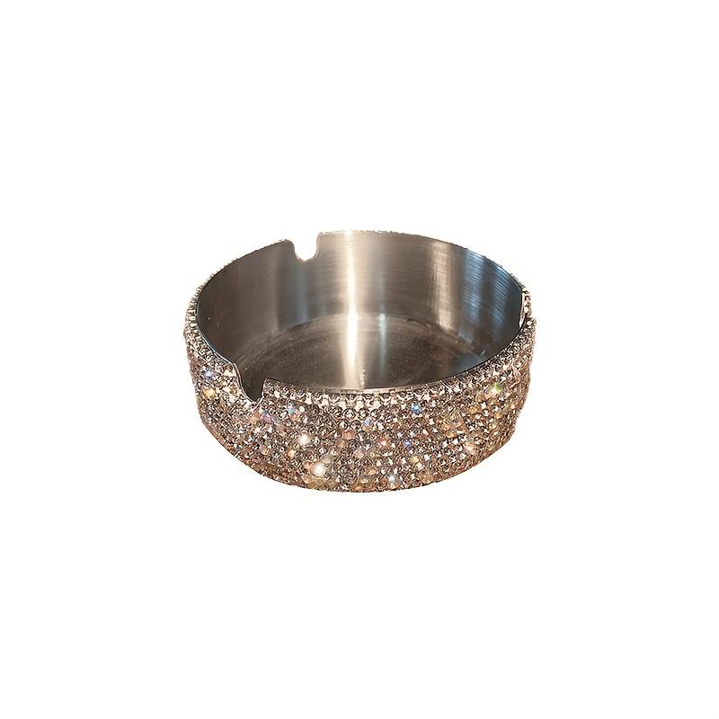 1pc Luxurious Stainless Steel Rhinestone Ashtray with Sparkling Red Blue Rims C Round Design
