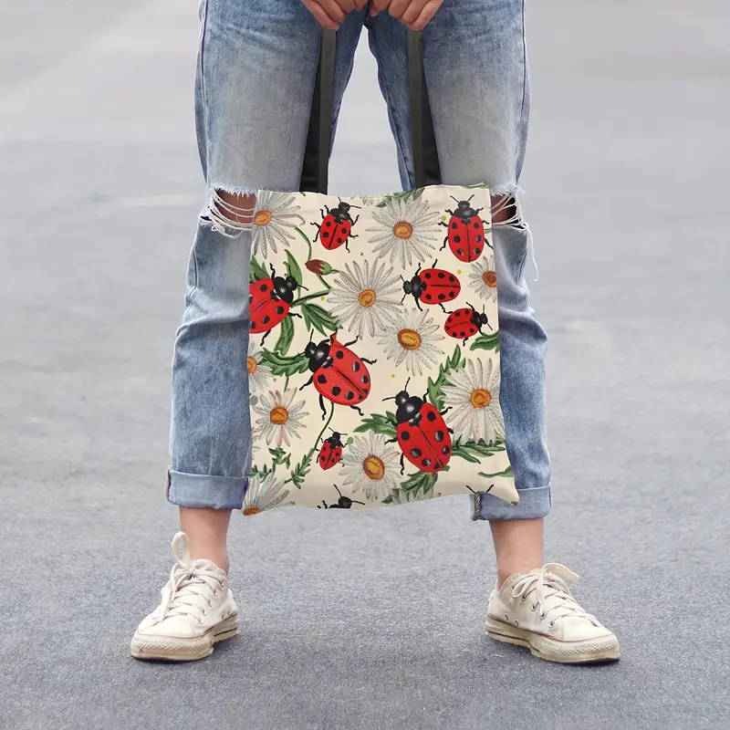 1pc Ladybugs With Daisies Pattern Canvas Tote Bag Large Women Casual Shoulder Bag Handbag Reusable M