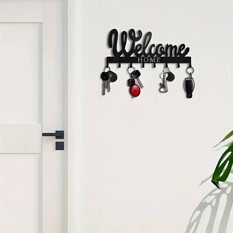 1pc Black Metal Welcome Home Key Holder with 8 Hooks Wall Mounted Key Rack for Keys Towels Coats Ver
