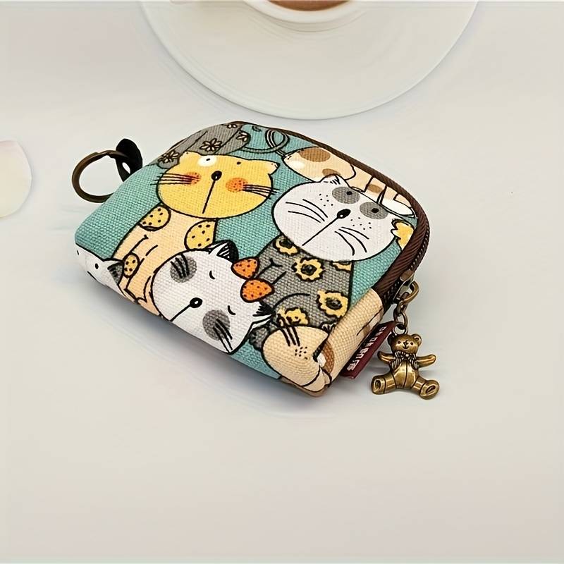 1pc Women's Cute Cartoon Cat Print Canvas Clutch Wallet Zippered Coin Purse with Animal Design L