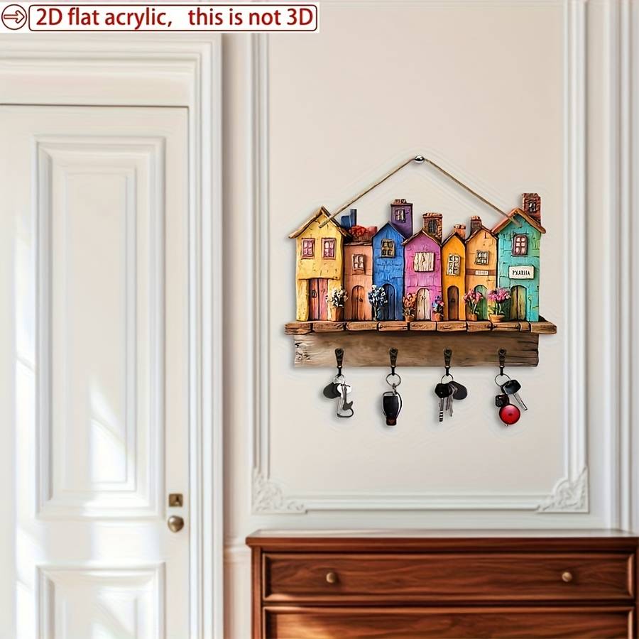 1pc Classic Home Wooden Wall Keychain 29.97cm X 22.86cm with 4 Metal Hooks Multipurpose Home Deco