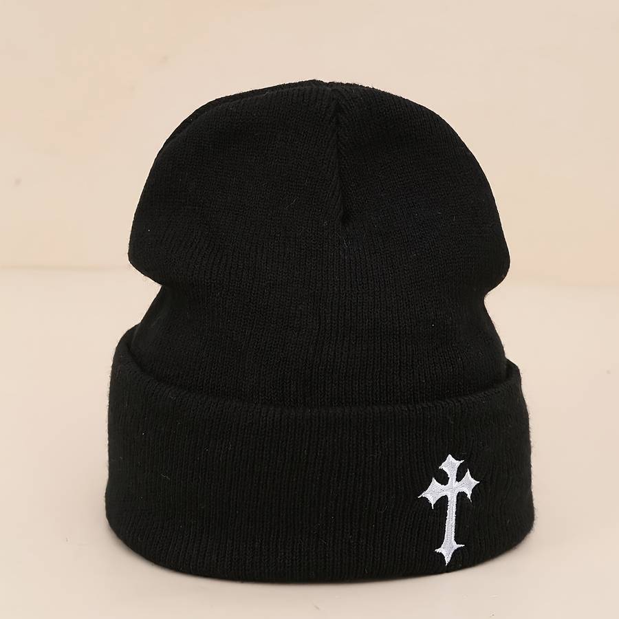 1pc 100% Acrylic Beanie Elastic Fit Embroidered Dark Cross Knit Beanie Unisex Thick Knitted Skul