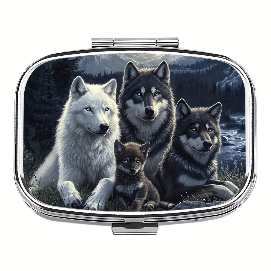 1pc Wolf Family Metal Pill Box C Portable Decorative Organizer with Realistic Wolf Artwork Com