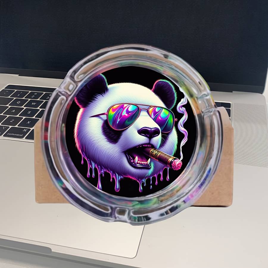 1pc Stylish Panda Ashtray Round Glass Design with Cool Fashion Glasses Cigar Theme Durable