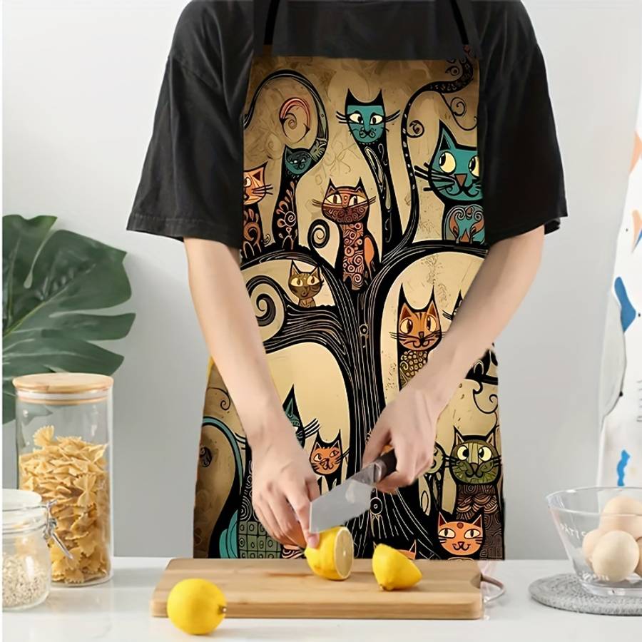 1pc Colorful Cartoon Cat Print Polyester Apron Sleeveless Durable Kitchen Cleaning Bib