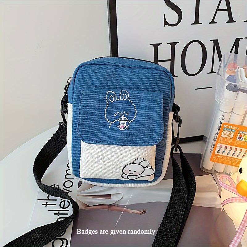 1pc Cute Bunny Canvas Crossbody Bag for Girls Simple Shoulder Messenger with Color-Block Desi