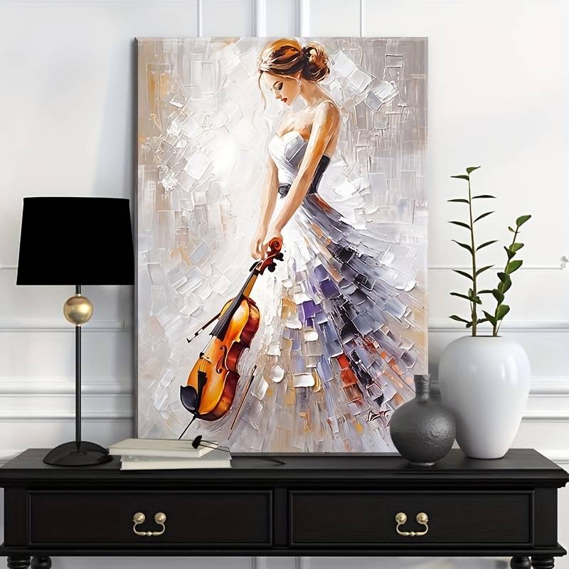 1pc Elegant Violinist Canvas Print Abstract Female Musician Oil Painting Pine Wood Wrapped Frame