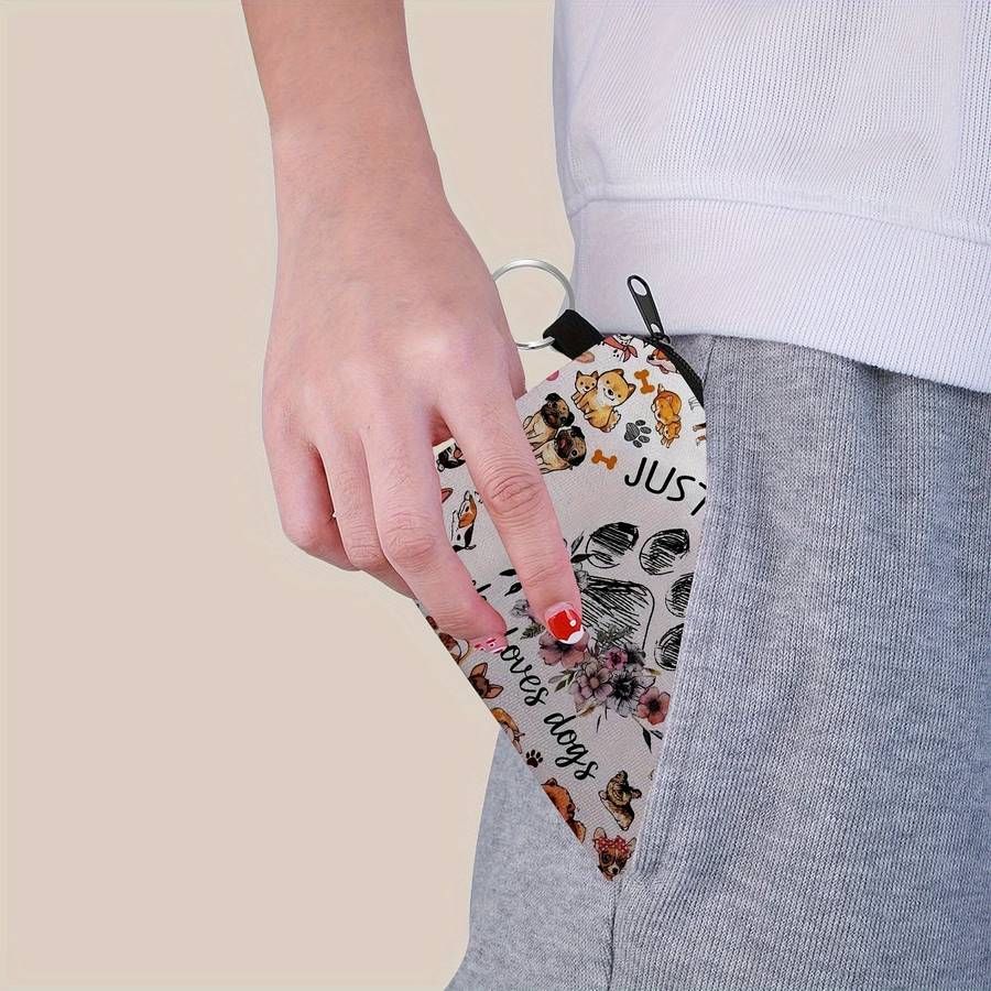 1pc SWEET Cute Dog Print Purse Lightweight Zipper Pouch with Keychain Small Capacity Multifu