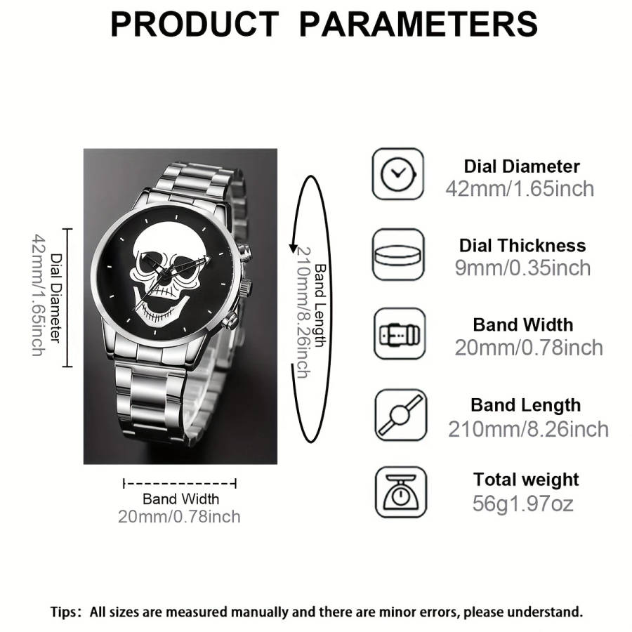 4 Piece Set Men's Watch Fashion Personality Skull Round Disc Quartz Watch