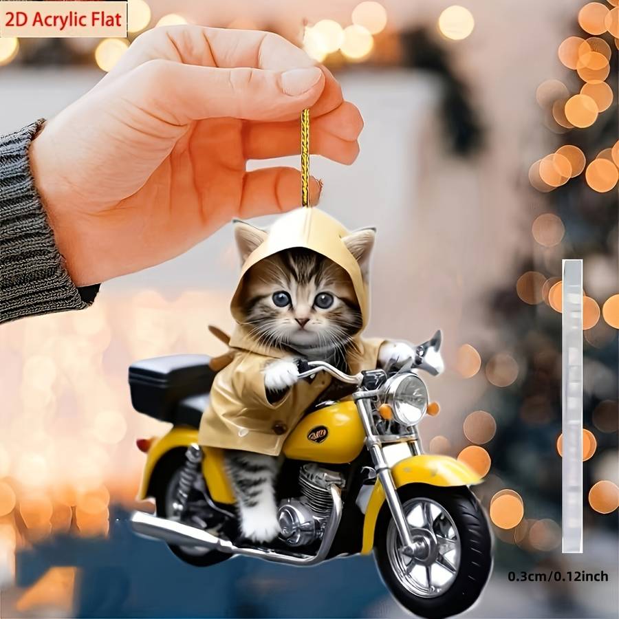 1pc 2D Flat  Acrylic Car Dangling Charm Classic Style Acrylic Cat Riding a Motorcycle Keychain B