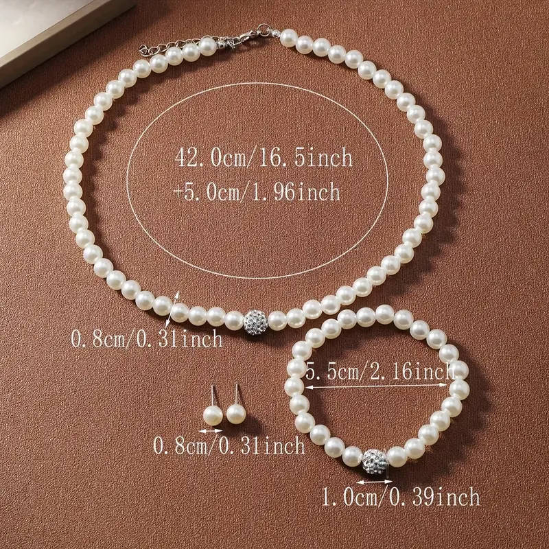 3 Piece White Faux Imitation Pearl Necklace Bracelet Earrings Set Rhinestone Ball