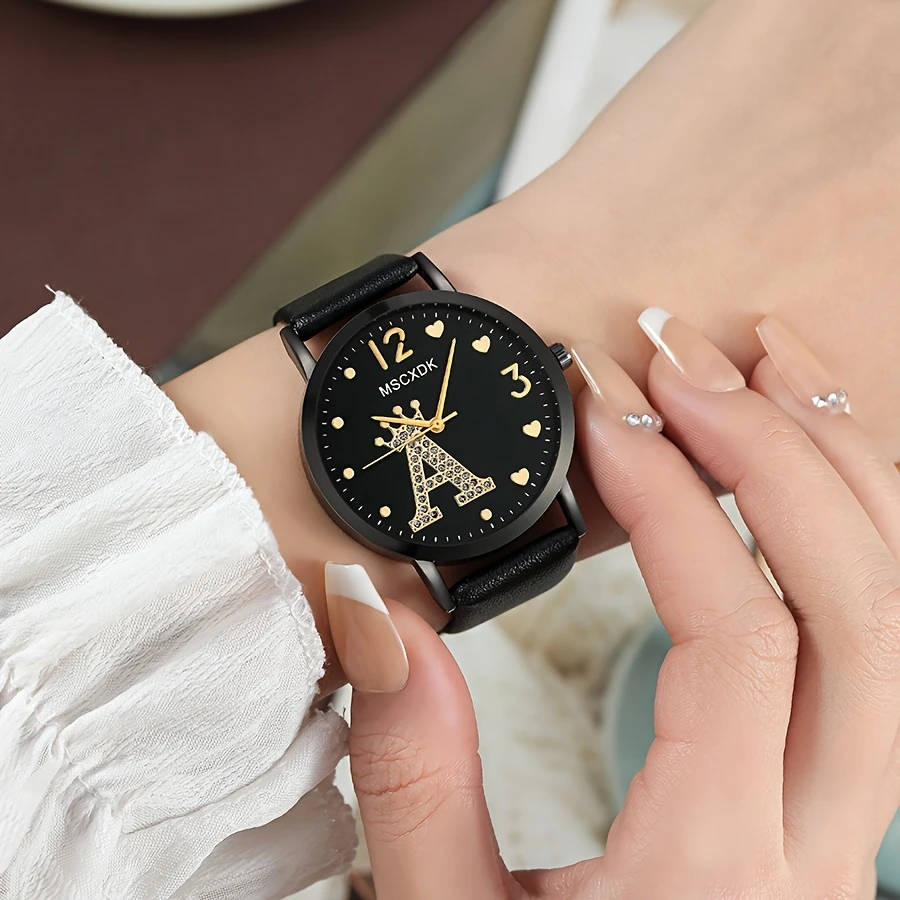 1pc Fashionable Women's Quartz Watch Round Analog Display Shock-Resistant Alloy Case PU Leather Band