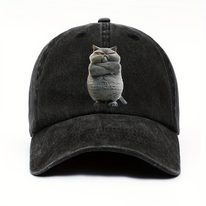 1pc Adjustable Cotton Baseball Cap with Funny Cat Print Unisex Vintage Washed Hat Pre-Curved Sun