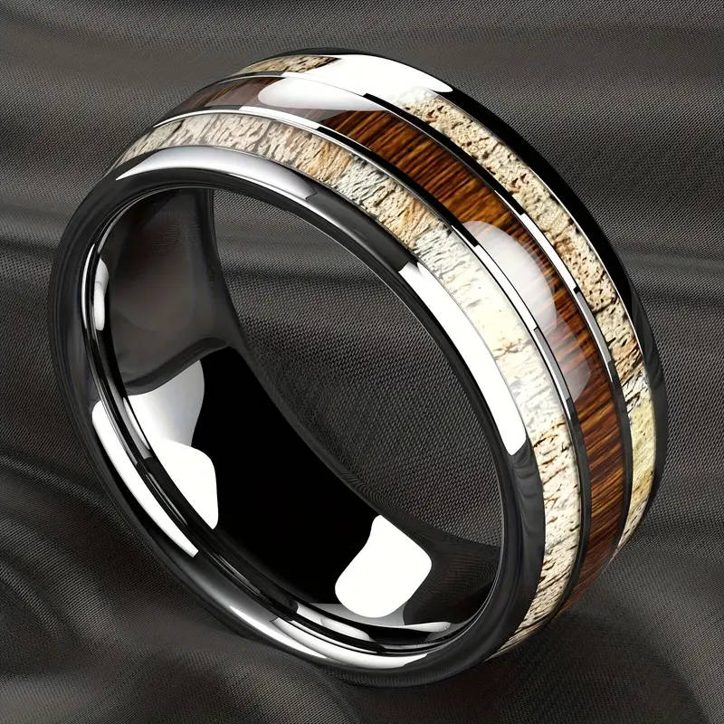 Elegant Men's Stainless Steel Ring with Marble & Wood Inlay