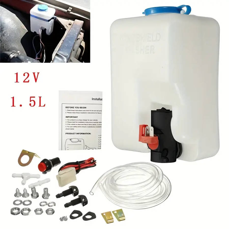 12v car windshield washer kit abs metal 1 5l fluid reservoir with pump nozzle sprayer and mounting accessories details 0