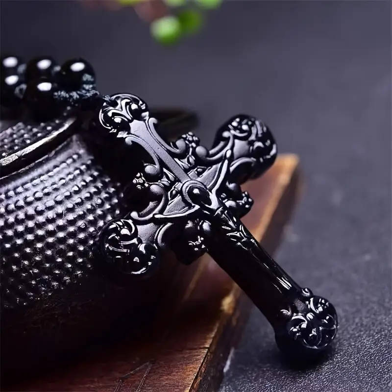 Unisex Obsidian Cross Pendant Necklace