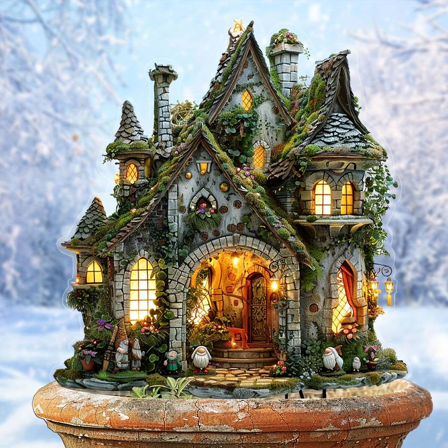 1pc 2D Flat   Enchanted Fairy Tale Cottage Garden Planter Rustic  Acrylic Outdoor Deco