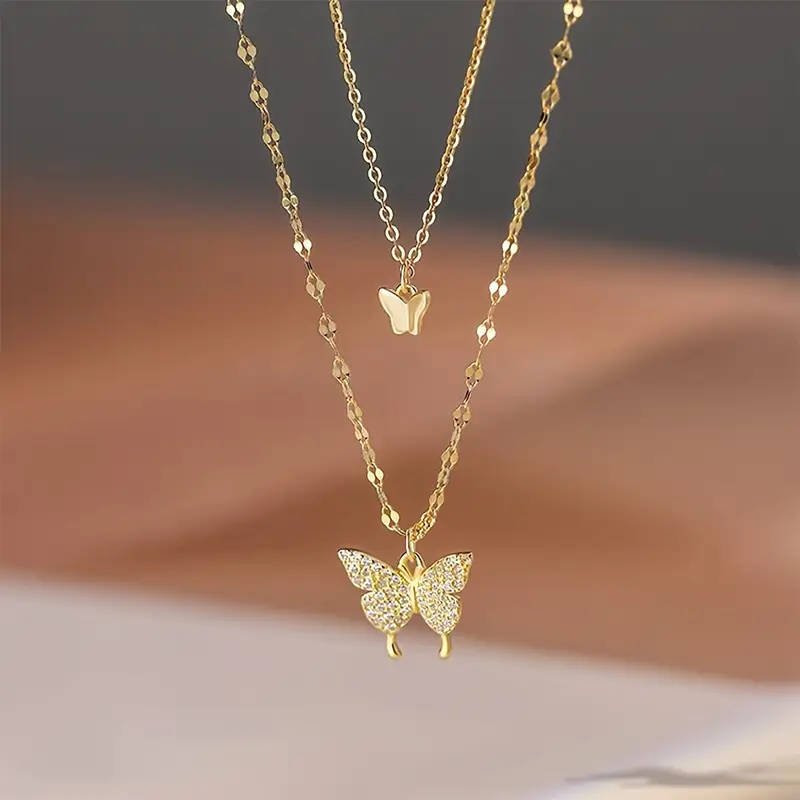 Genuine Stainless Steel Necklace Double-Layer Butterfly