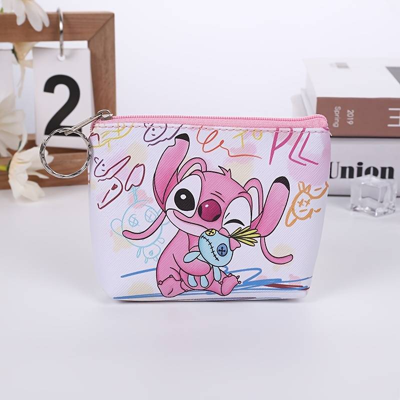1pc Stitch Mini Wallet Cute Cartoon Coin Purse with Keyring Portable Card Holder Elegant Faux L