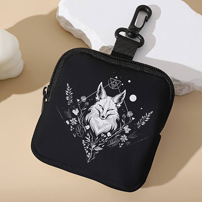 1pc Large Capacity Coin Wallet with Black and White Wolf Pattern Digital Print Storage Bag Multif