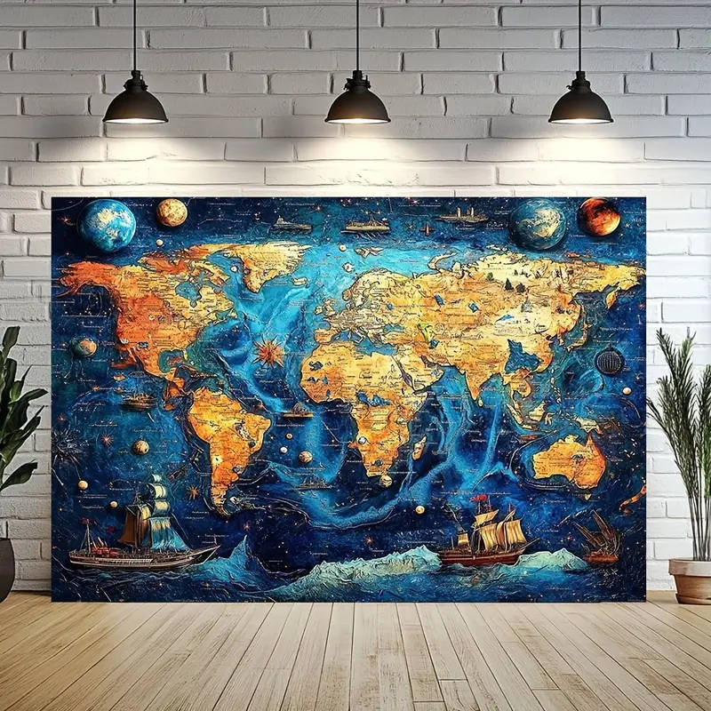 BIG!!! Colorful Relief World Map Printed Banner - Durable Fabric with Vibrant Mixed Colors