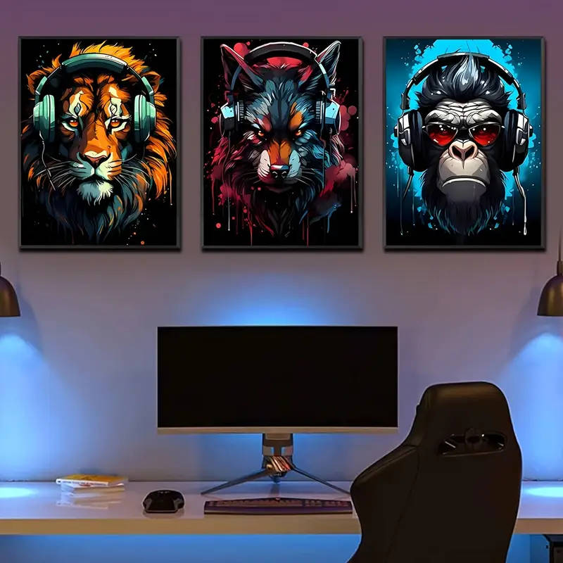 3 Piece/Set Unframed Modern E-sports style Wearing headphones Tiger Wolf Chimpanzee Painting
