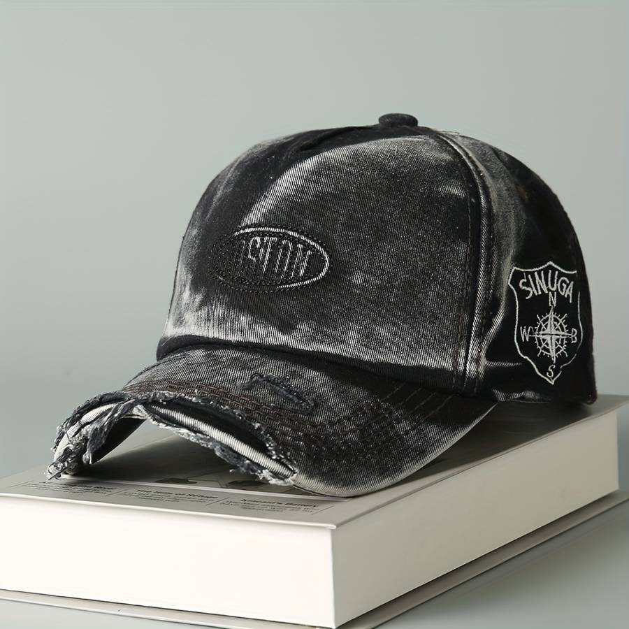 Vintage Washed Denim Baseball Cap With Boston Embroidery Lightweight Soft Top Wide Brim
