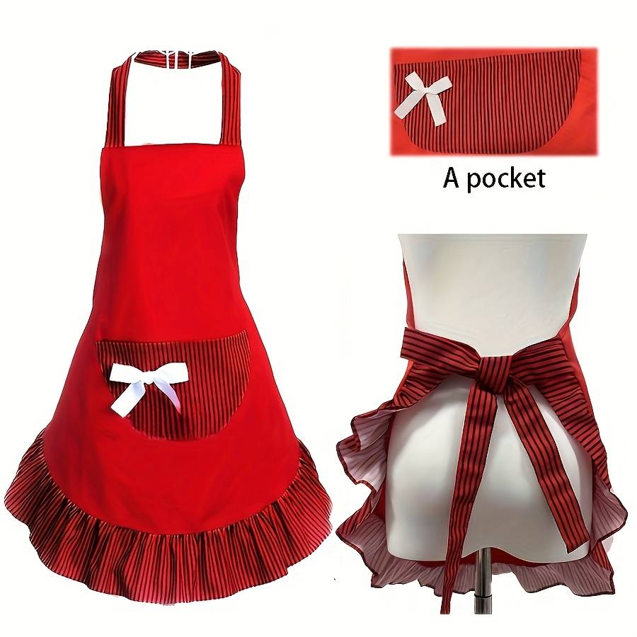 1pc Retro Polka Dot Apron with Ruffle Hem Large Pockets Black and White Vintage Kitchen Ba
