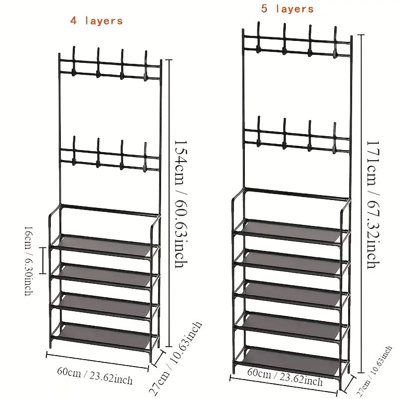 4/5-Tier Shoe and Hat Storage Rack Set with 8 Double Hooks for Clothes, Hats, and Shoes - Easy to A