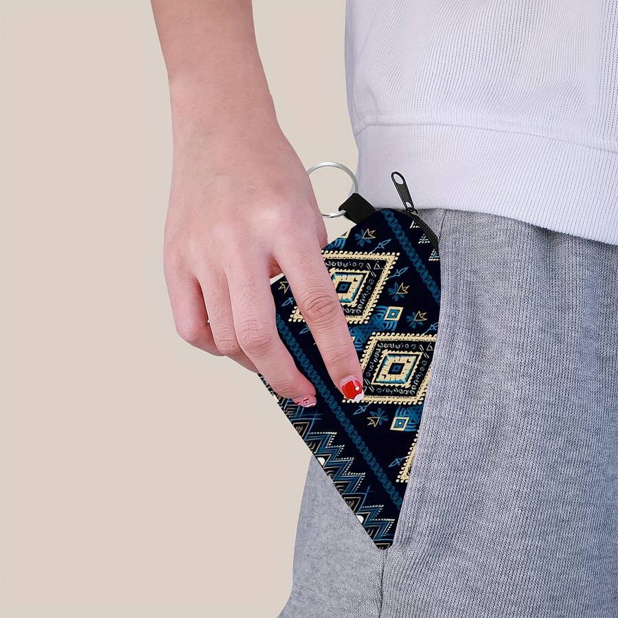1pc SWEET Aztec Pattern Compact Purse Blue Black Geometric Design Zippered Small Wallet wi