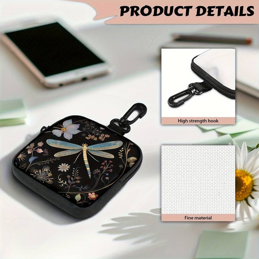 1pc Multi-Pocket Zippered Wallet Coin Purse Chic Floral Dragonfly Print Hanging Purse with Key