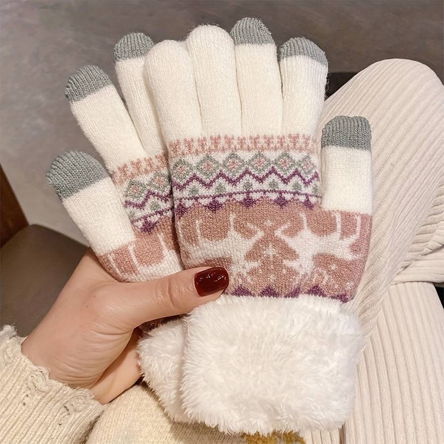 1 Pair Double Layer Plus Velvet Thickened Fawn Khaki Warm Gloves