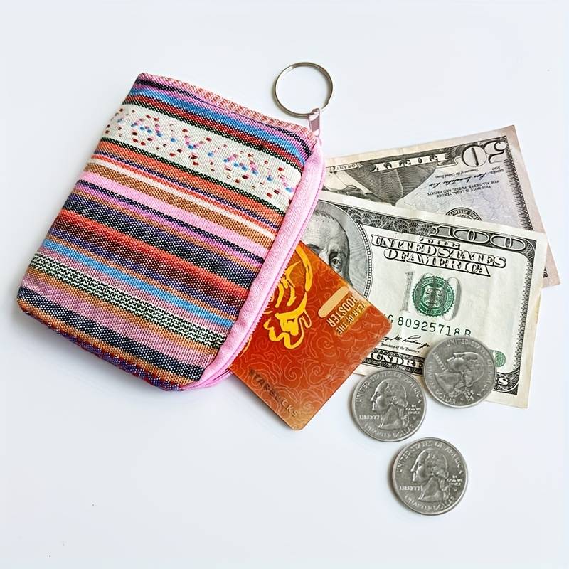 1pc Boho-Chic Retro Striped Canvas Zipper Wallet Lightweight Clutch with Coin Pocket Multifuncti