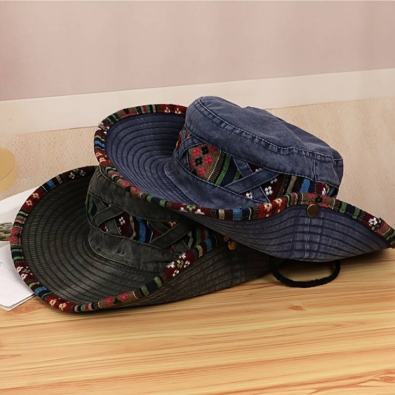 1pc Retro Denim Cowboy Hat with Adjustable Drawstring Lightweight Woven Outdoor Mountaineeri