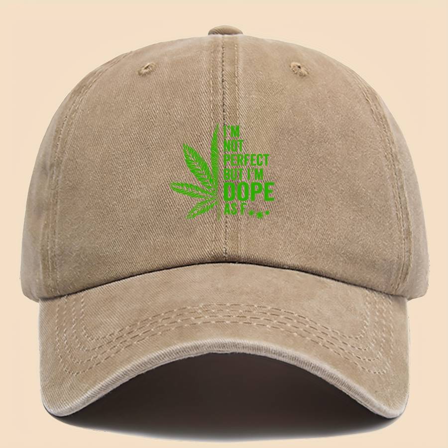 Stylish Black Baseball Cap with Green Leaf and I'M NOT PERFECT DOPPE Print Breathable