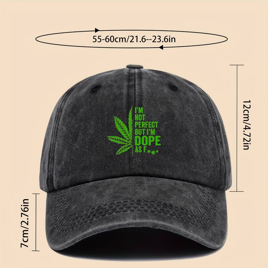 Stylish Black Baseball Cap with Green Leaf and I'M NOT PERFECT DOPPE Print Breathable