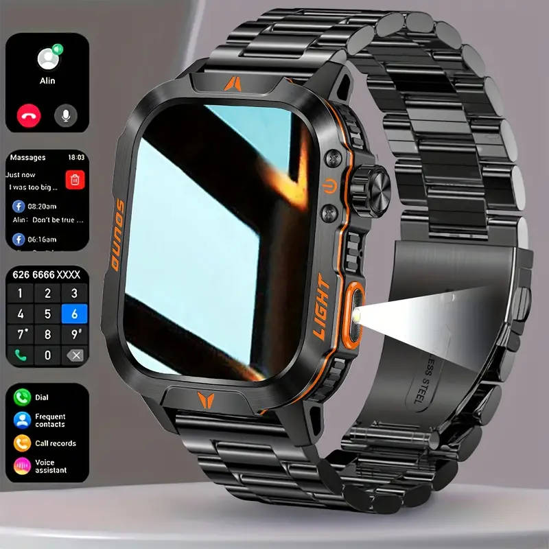Stylish Square Men'S Outdoor Sports Smart Watch Wireless Call Flashlight AI Voice Assistant Sports